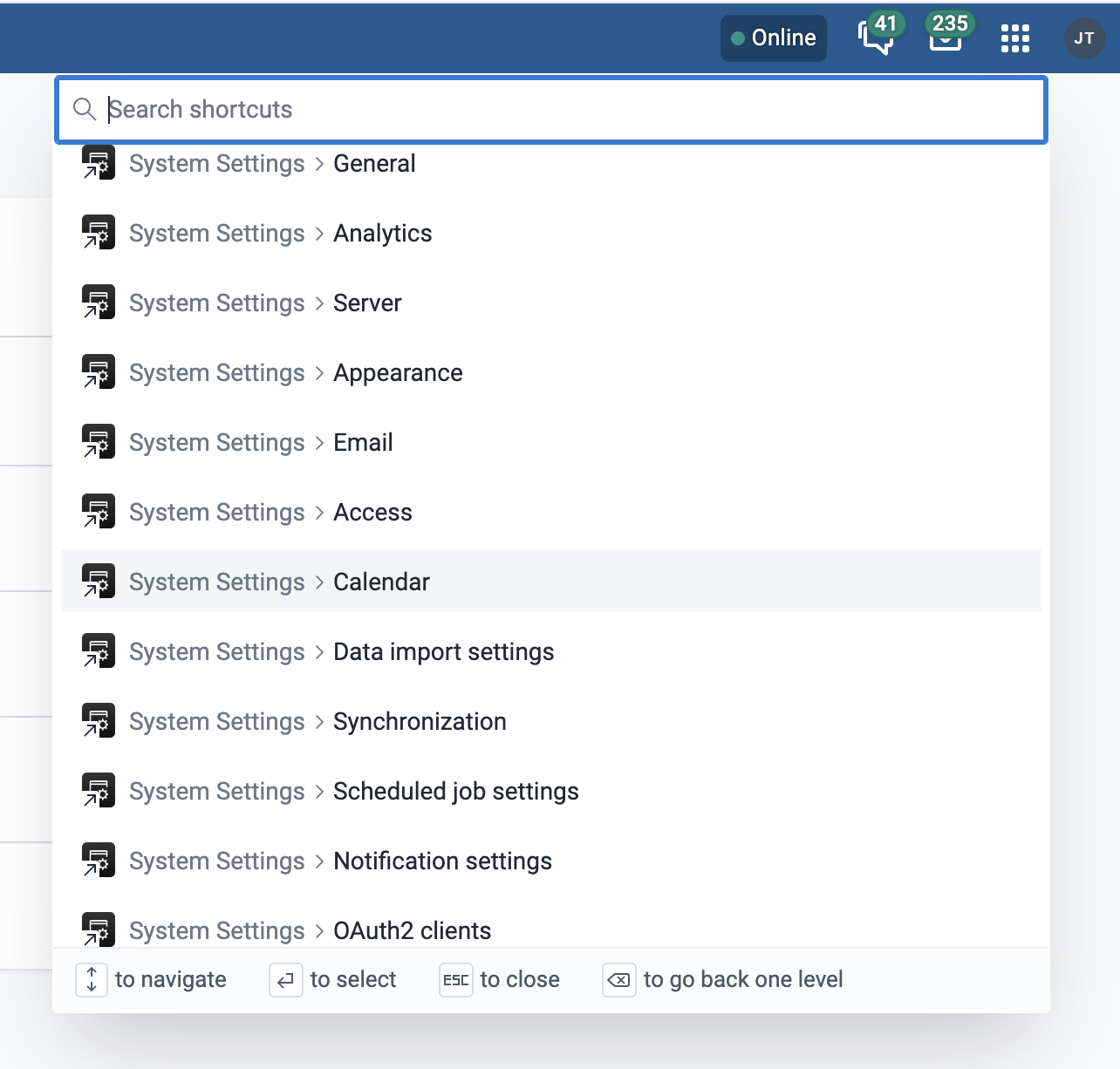 shortcuts in the Command Palette