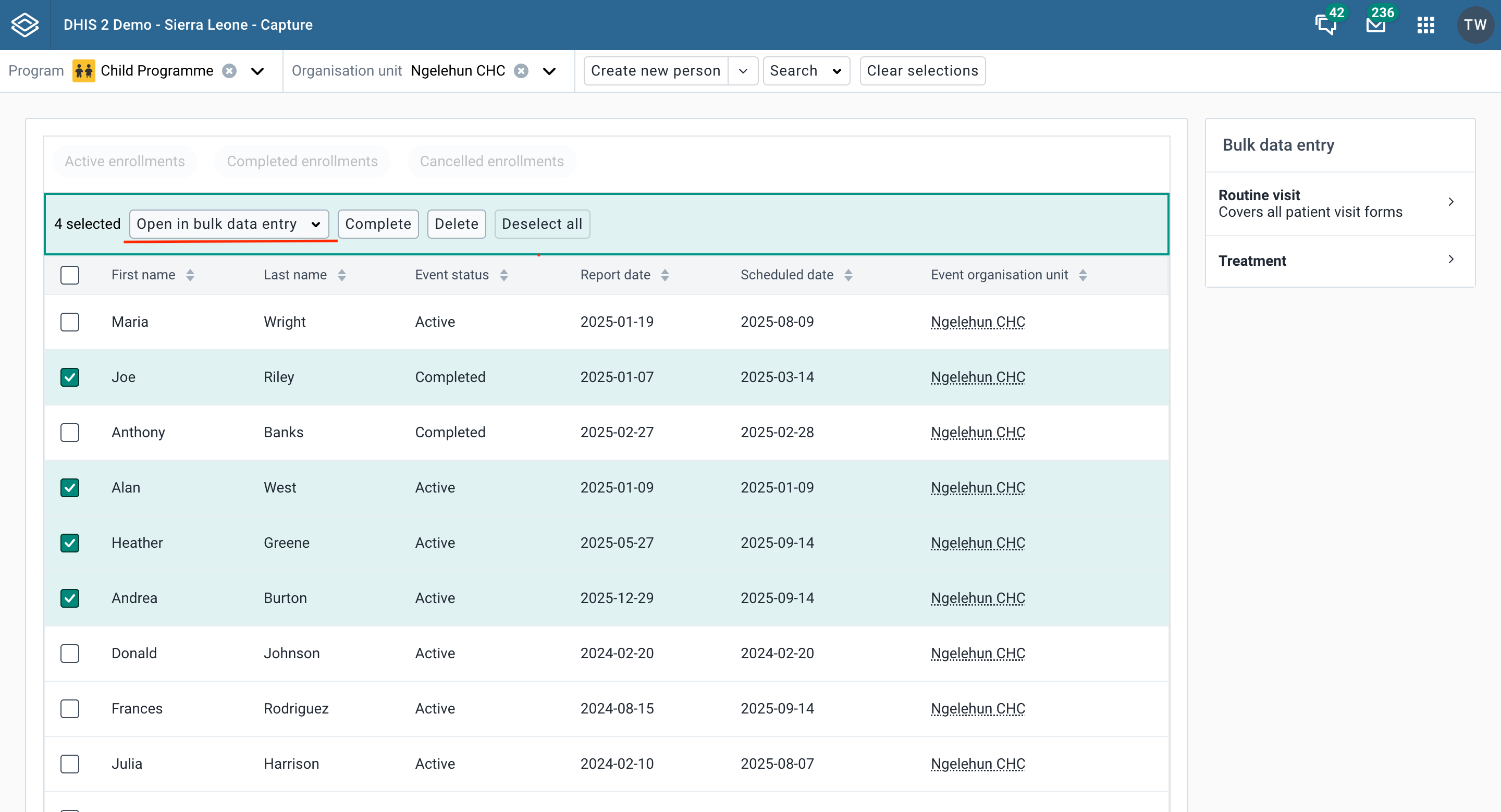 Dropdown menu bulk data entry program stage working lists