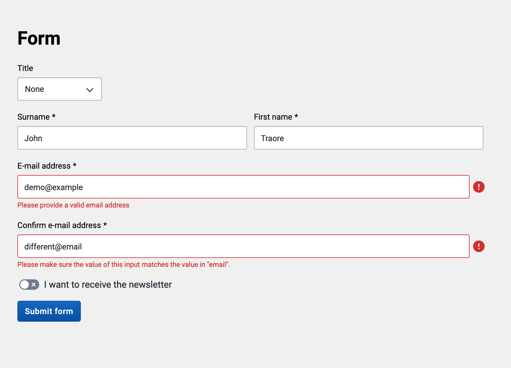 A form with several fields and validation feedback shown